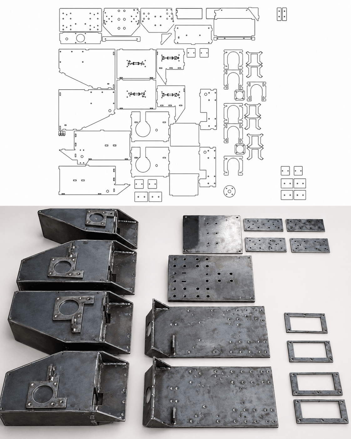 Kit de peças da Router CNC Performance — desenho técnico e peças reais cortadas a laser
